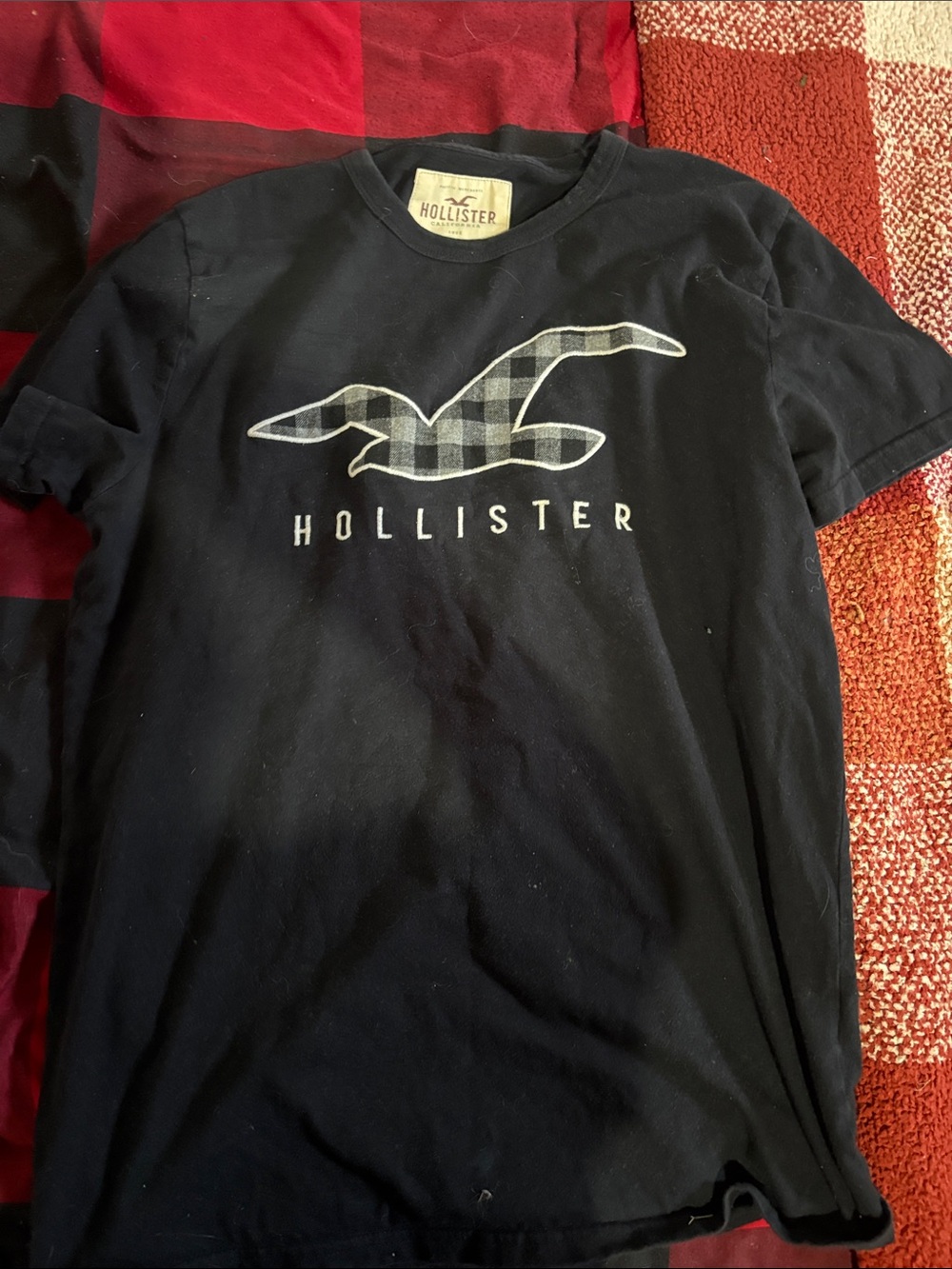 Hollister Black Short-Sleeve Logo Tee with Plaid Seagull